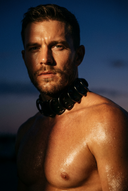 men wearing black leather bdsm collar at the beach at sunset