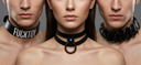 Two men and one woman wearing Provocateur BDSM collars, showcasing luxury handcrafted fetishwear with bold, confident style.