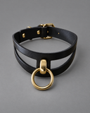 AKASHA Black and Gold Italian leather BDSM collar with O-ring