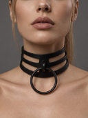 woman wearing a black leather collar with a large  ring at the front, set against a neutral gray background.