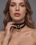 AKASHA black leather collar with gold O-ring worn by woman