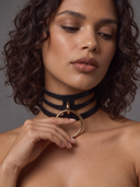 A close-up of a model wearing a black leather collar with cut-outs with a large gold ring pendant, set against a neutral gray background.