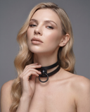 Woman wearing Full Black leather BDSM collar with cut-out design
