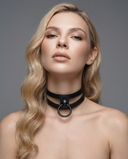 AKASHA black leather collar with black O-ring worn by woman