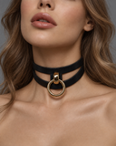 Woman wearing AKASHA Black and Gold leather BDSM collar by Provocateur