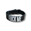 black leather bdsm collar with fuck me text in white