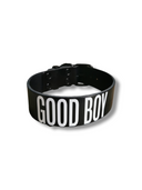 good boy text collar made from black leather with white text
